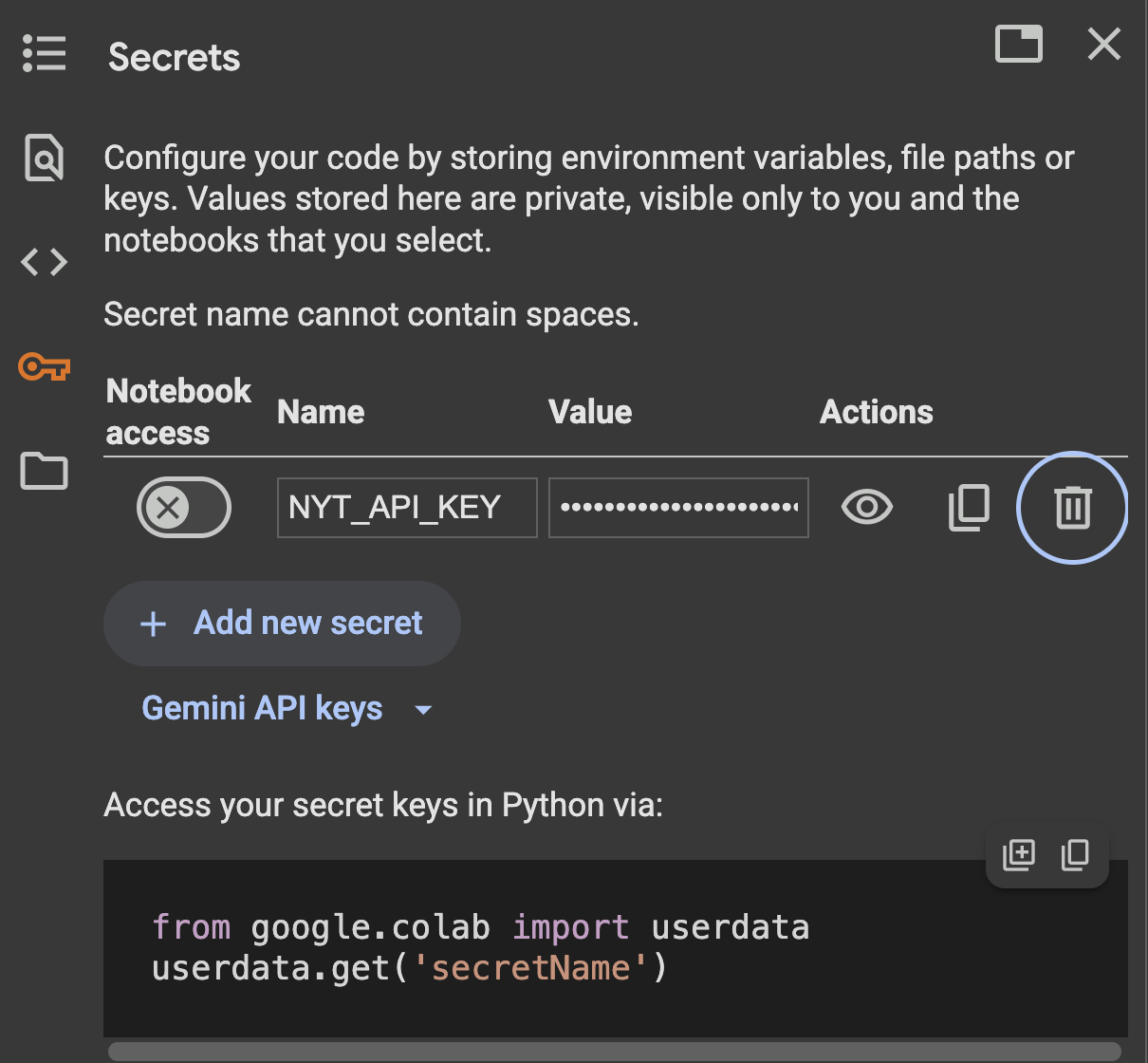 colab secret key