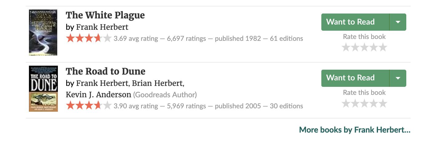Screenshot showing Books by Frank Herbert page on Goodreads