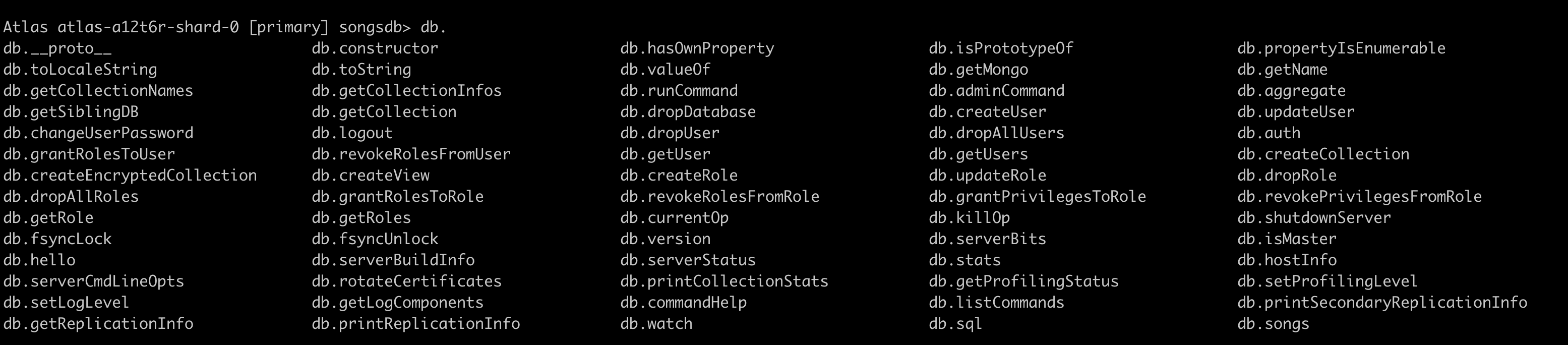 list of operations / methods on a database