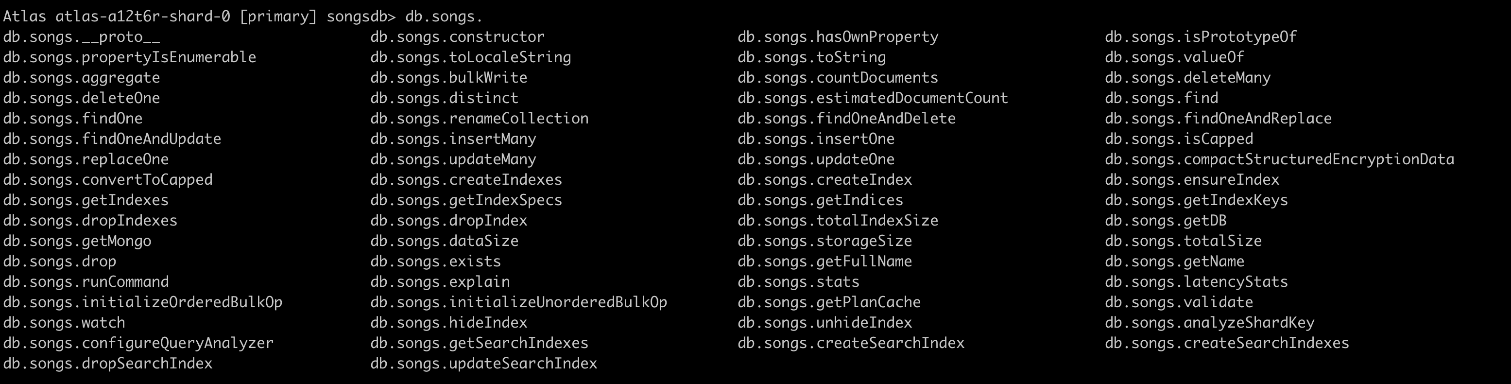 list of operations / methods on a collection